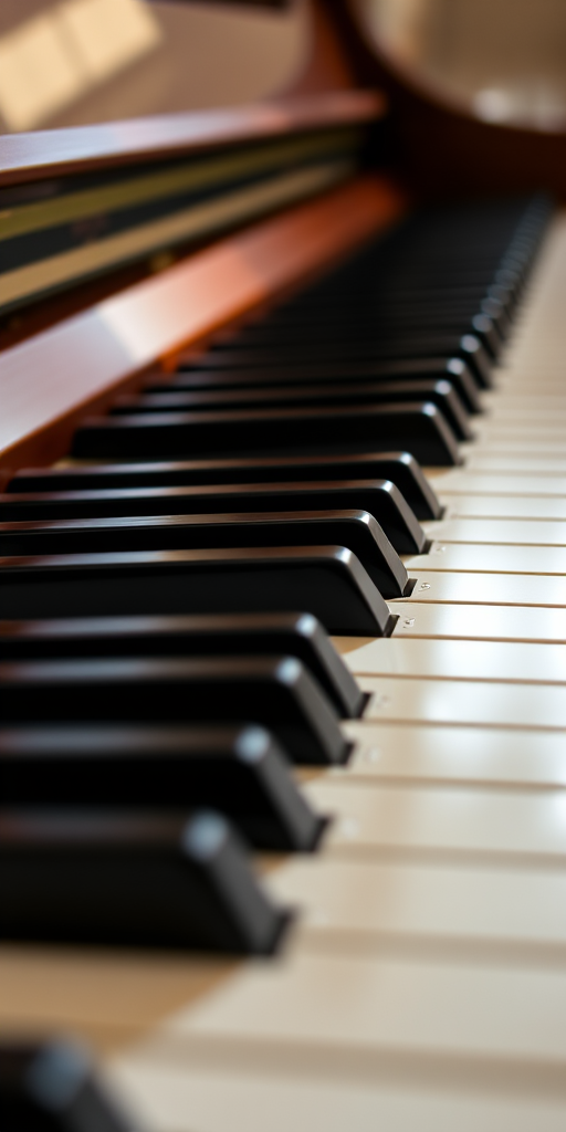Close-up of piano keys, focusing on the contrast between black and white keys, natural lighting, depth of field set to f/2.8, ISO 100, 50mm lens, macro photography style, DSLR camera.