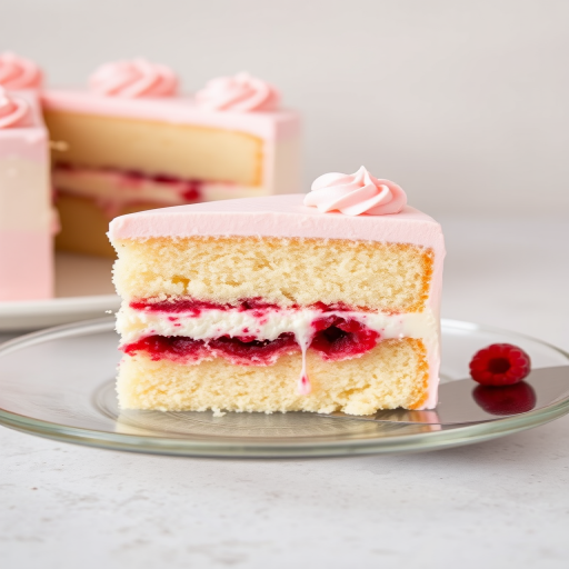 A slice of layered vanilla cake with pink frosting on top and raspberry filling in the middle placed on a clear glass plate with a metal cake server beside it. The background is softly blurred and neutral in color.