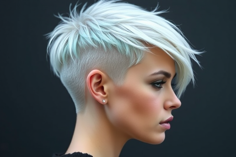 Striking platinum blonde pixie cut with edgy, asymmetrical layers and a buzzed undercut, accented by electric blue streaks for a bold and futuristic "Cyber Frost" appearance