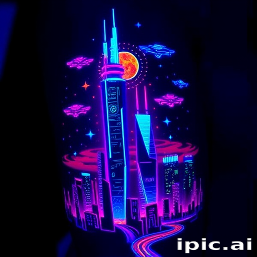 Neon glow tattoo named "Electric Dreams" showcasing vibrant, luminescent colors that appear to pulse and radiate under UV light, depicting a futuristic cityscape with glowing skyscrapers and flying vehicles, perfect for night owls and party-goers who want their tattoos to come alive in dimly lit environments.