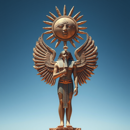 Create a high-resolution image of an ancient Egyptian deity standing confidently, with a large sun symbol overhead, using a DSLR camera at f/8 aperture, 24mm focal length, 1/125 sec shutter speed, and natural lighting to enhance detail and clarity.