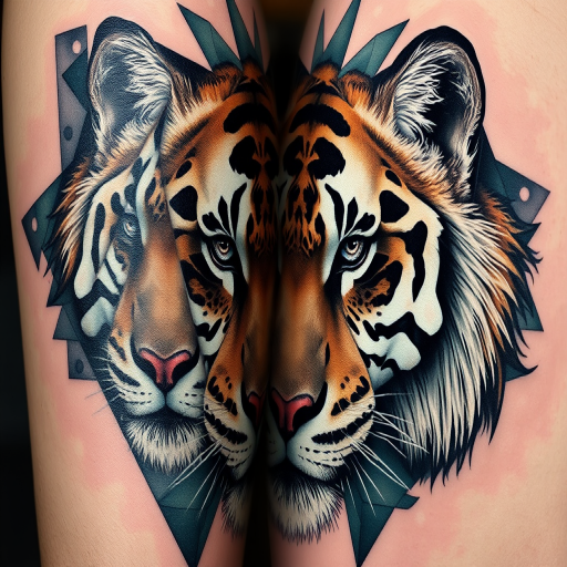 Geometric realism tattoo titled "Fractured Nature" combining photo-realistic animal portraits with geometric shapes and patterns breaking up the image