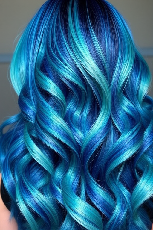 Elegant Ombre Mermaid Waves showcasing a stunning transition from deep navy blue roots to shimmering aquamarine tips with subtle silver accents throughout the flowing wavy texture