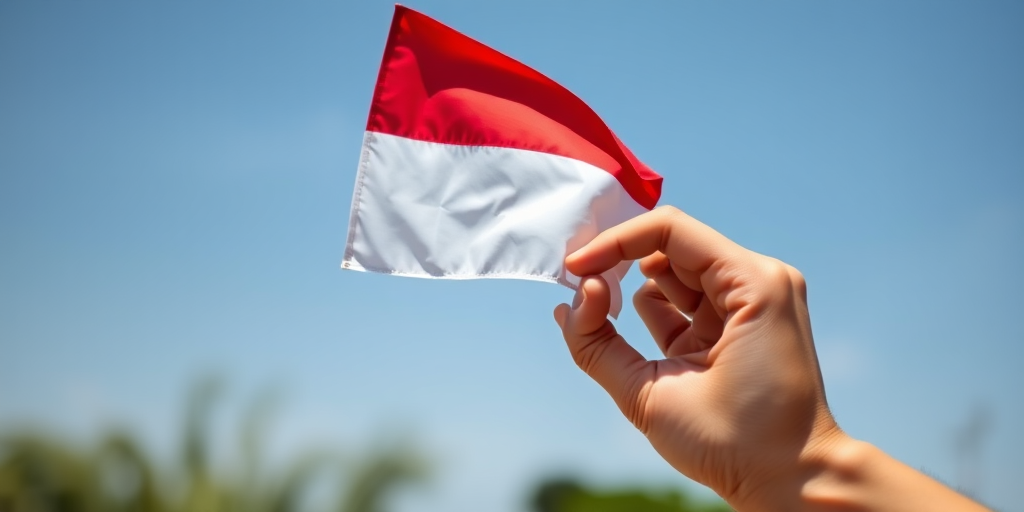 Create a high-resolution image of a hand holding the Indonesian flag with vibrant colors, shot in daylight with a shallow depth of field, using a DSLR camera at f/2.8, ISO 100, 50mm lens, and a slight angle to showcase the flag waving gently.
