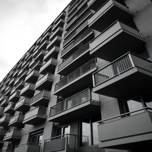 high-contrast black and white image of a modern apartment building with balconies, captured from a low angle, f-stop 8, shutter speed 1/125s, ISO 200, wide-angle lens, DSLR camera