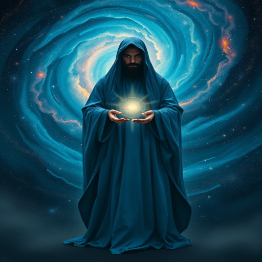 A mysterious figure in a flowing blue robe stands against a cosmic background with swirling galaxies and stars, illuminated by a glowing orb at the center of their chest, captured in a 50mm lens, f/1.8 aperture, ISO 100, using a DSLR camera with a wide-angle view.