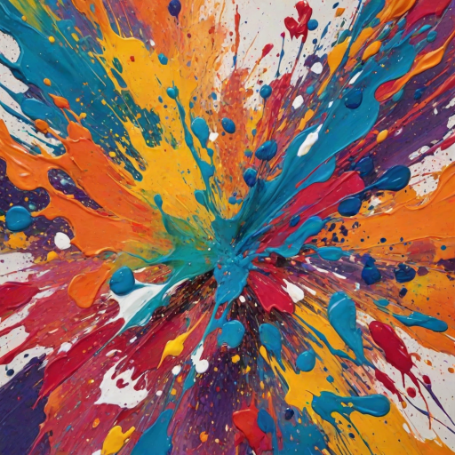Create an image that features a vibrant, abstract painting with various patterns and color splashes. The painting should be the main focus of the image.