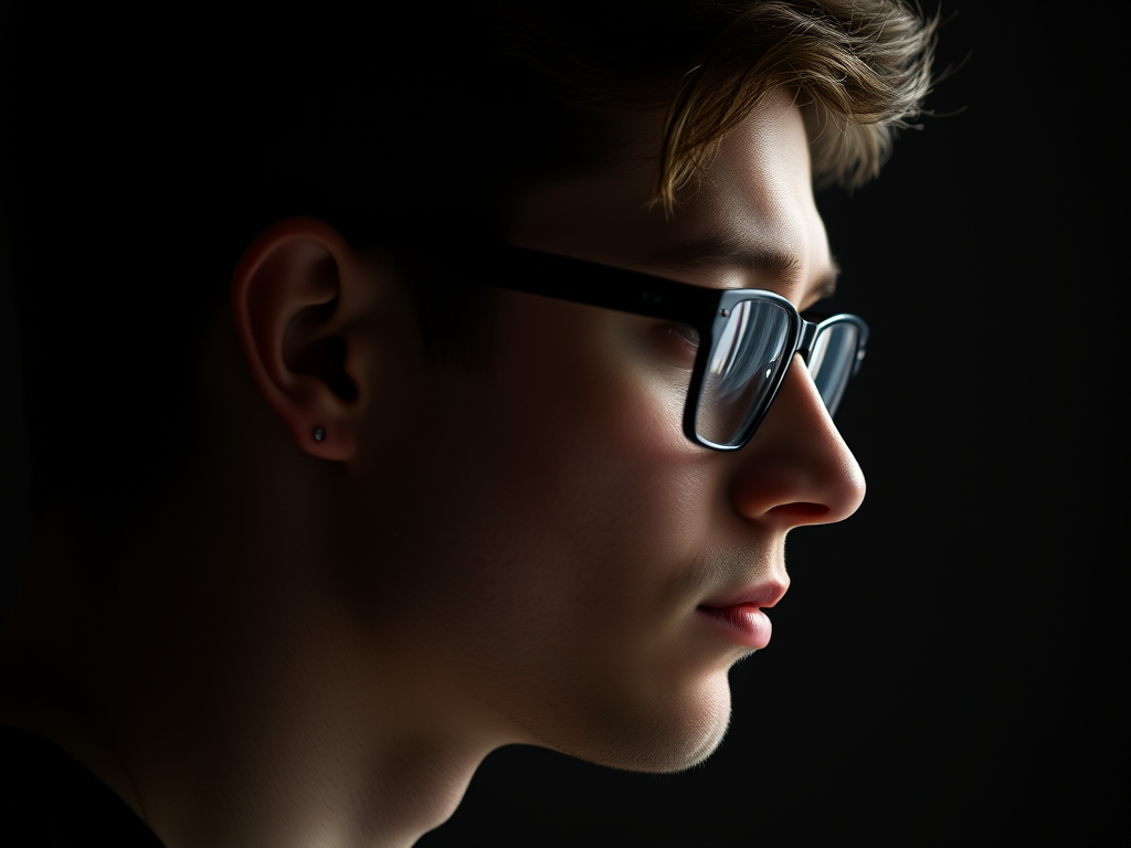 regenerate a portrait of a young man with glasses, profile view, soft low-key lighting, shallow depth of field, taken with a DSLR camera at f/1.8, ISO 200, 50mm lens, focus on the face, dark background for contrast
