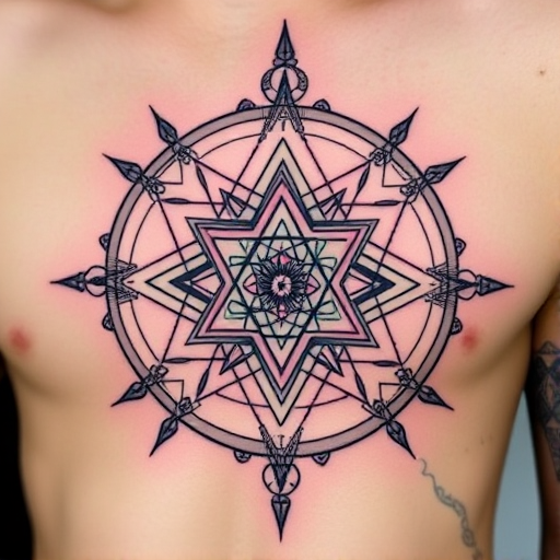 Geometric tattoo entitled "Sacred Symmetry" showcasing a complex arrangement of overlapping shapes and lines that form a harmonious and balanced design, incorporating elements of sacred geometry and ancient symbols to create a visually striking and spiritually meaningful piece, perfect for those who appreciate mathematical precision and hidden symbolism in their body art.