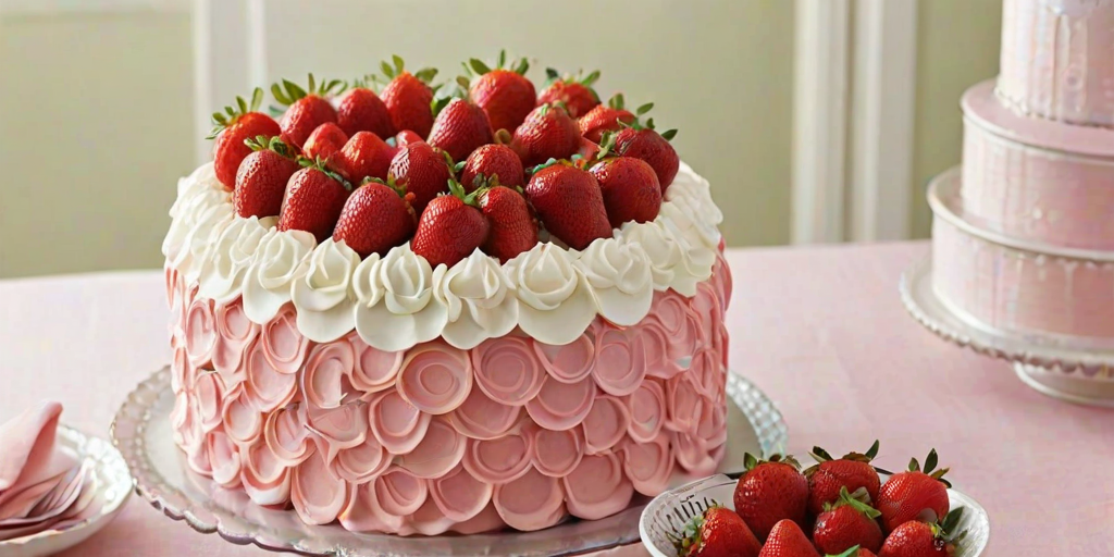 Create an image of a multi-layered cake with a colorful design. The cake should have layers of chocolate, vanilla, and strawberry flavors, each clearly visible when sliced. Decorate the exterior with a mix of pink, white, and brown frosting, featuring a scalloped pattern. Place the cake on a simple white cake stand, surrounded by fresh strawberries and a pastel cloth. The setting should be bright and inviting.