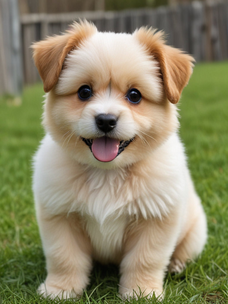 Adorable Fluffy Puppy with Bright Eyes and Playful Smile in Grass.