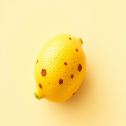 Create a minimalistic illustration of a lemon with brown and yellow dots on a soft beige background, using a Canon EOS R camera, 50mm lens, f/2.8 aperture, and a soft focus style to enhance the image quality.