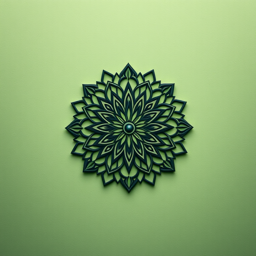 Create an intricate mandala design on a textured soft green background with a subtle reflection effect, using a Canon EOS R5, 50mm f/1.2 lens, f/8 aperture, ISO 100, and a shallow depth of field for a smooth bokeh effect.