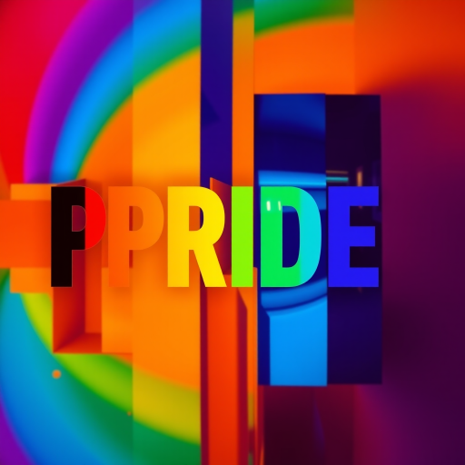 Create an abstract design featuring the word "PRIDE" in vibrant colors with layered text effects, using a Canon EOS R5 camera, 50mm lens, f/1.8 aperture, ISO 100, shot in portrait mode to enhance clarity and depth.