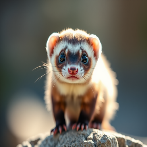 a cute ferret with large expressive eyes standing on a rock, soft bokeh background, natural sunlight illuminating the fur, 85mm lens, f/1.8 aperture, ISO 200, shutter speed 1/200s, DSLR camera, shallow depth of field, high-resolution image