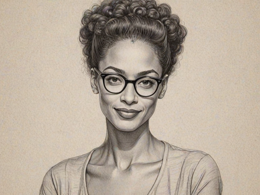 Enticing Carla Hall, pencil sketch, portrait of Lovely woman 1943s in glasses, hair style beatnik, outline, clear lines, fine lines, 8k
