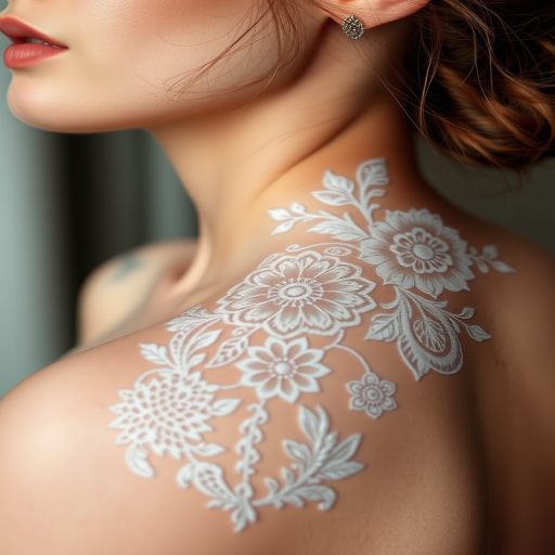 Ethereal white ink tattoo showcasing delicate lace patterns and intricate floral designs, visible as a subtle raised texture on the skin for a elegant and understated look