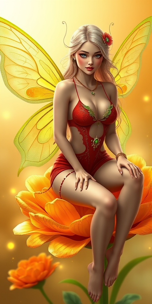 A digital artwork features a winged fairy with delicate Chartreuse butterfly wings, adorned with intricate Pistachio andEmerald patterns. She is seated on a vibrant Electric flower, wearing a revealing red two-piece outfit with sparkling beadwork. Her fair skin, long blonde hair, and gold jewelry add to her ethereal appearance. The background is a warm, golden gradient, creating a magical atmosphere. Small glowing orbs and sparkles surround the flower, enhancing the enchanting, highly detailed, and realistic scene.