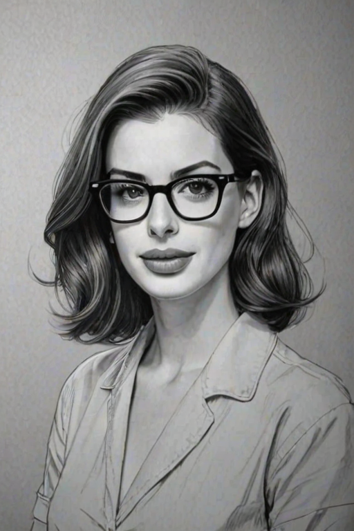 Resplendent Anne Hathaway, pencil sketch, portrait of Captivating woman 1956s in glasses, hair style beatnik, outline, clear lines, fine lines, 8k