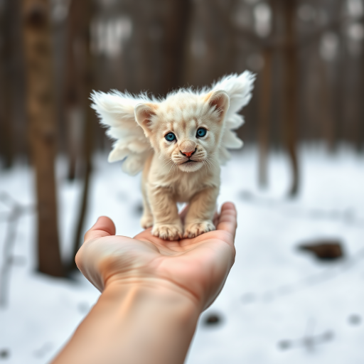 A small, white lion cub with angelic wings standing on a human hand. The cub has a soft, fluffy texture with detailed fur, expressive blue eyes, and a curious expression. The wings are large and feathery, blending seamlessly with its fur, giving an ethereal appearance. The background is a winter forest, with the ground covered in snow and blurred brown trees, creating a serene atmosphere. The human hand in the foreground is positioned palm-up, supporting the lion cub gently, fingers slightly curled. The lighting is soft and diffused, enhancing the tender and magical feel of the scene. Colors are predominantly neutral with white, cream, and soft browns, contrasting with the subtle blue of the lion cub's eyes. The overall composition is balanced, with the cub at the center, creating a focal point that draws the viewer's attention immediately.