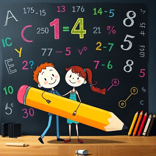 Create a colorful, cartoon-style illustration of two stick figures, a boy and a girl, holding a giant pencil on a blackboard background with playful math and alphabet symbols, shot with a digital camera at f/2.8 aperture, 50mm lens, 1/100 sec shutter speed, vibrant colors, high contrast, and soft focus.