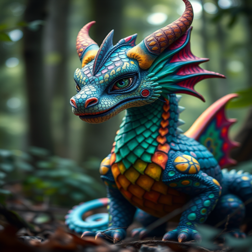 Create an illustrated depiction of a mythical creature with vibrant colors, detailed scales, and intricate patterns in a forest setting, using a full-frame DSLR camera at f/2.8 aperture, ISO 100, and a 50mm lens to achieve a shallow depth of field and sharp focus on the creature while blurring the background for a magical atmosphere.