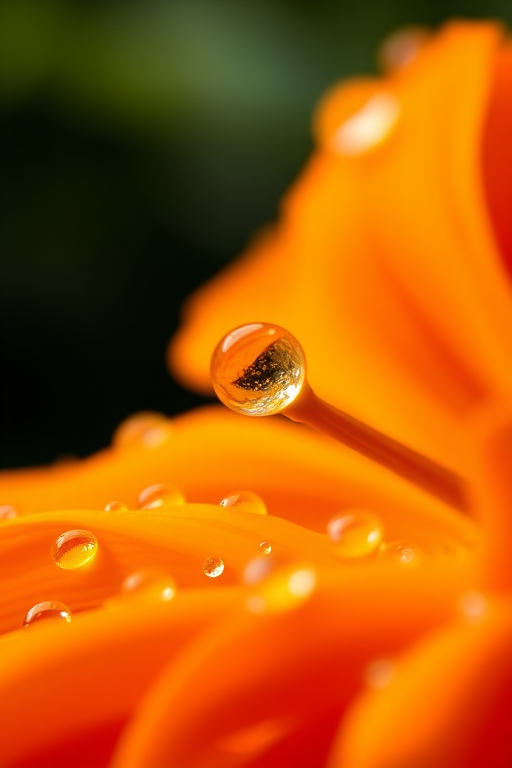Close-up shot of an orange flower with water droplets,  macro lens, aperture f/2.8, shutter speed 1/200s, ISO 100, natural light, DSLR camera, focus on texture and detail.