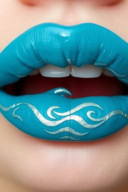 Teal blue lips with wave patterns in silver, dubbed "Ocean's Embrace," offer a refreshing and beachy look with a glossy finish for summer pool parties and seaside vacations