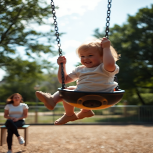 Blurry action shot of a child swinging high on a playground swing, their silhouette caught in mid-air, distant parents watching with smiles, and the sound of squeaking metal and laughter filling the air.