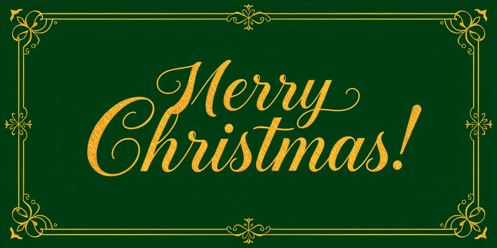 Create an elegant Christmas greeting card featuring the text "Merry Christmas!" in gold calligraphy, set against a deep green background, with a decorative border; use a DSLR camera, aperture f/2.8, ISO 100, 50mm lens, natural lighting for enhanced quality.