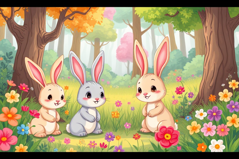 Create a vibrant illustration of cartoon bunnies in a forest setting, surrounded by colorful flowers and trees, with a whimsical style, capturing a wide-angle view at a high resolution, using a digital art approach, simulating a DSLR camera effect.