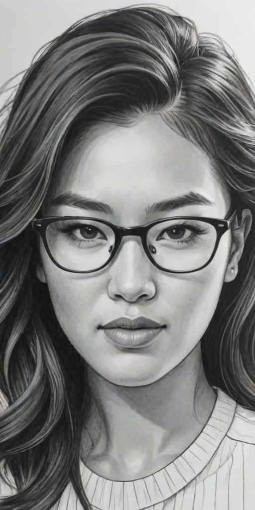 Exquisite Ally Maki, pencil sketch, portrait of Comely woman 1941s in glasses, hair style beatnik, outline, clear lines, fine lines, 8k