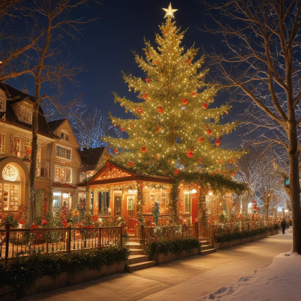 A Festively Decorated Christmas Tree Illuminates a Snowy Winter Street ...