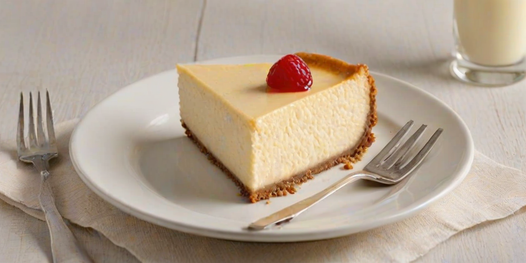Generate an image of a classic cheesecake with a smooth, creamy top and a golden-brown crust. The cheesecake should be presented on a white plate with a slice cut out, revealing its rich texture. Include a fork beside the plate for serving. The background should be simple and elegant, highlighting the dessert.