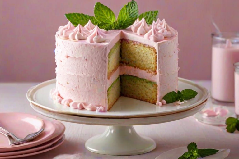 Generate an image of a layered cake with multiple tiers, featuring light pink frosting and decorative peaks on top. The cake should have visible layers, showcasing a creamy filling between the layers. Include fresh mint leaves as decoration and display the cake on an elegant cake stand. The background should be bright and inviting, enhancing the cake's appeal.
