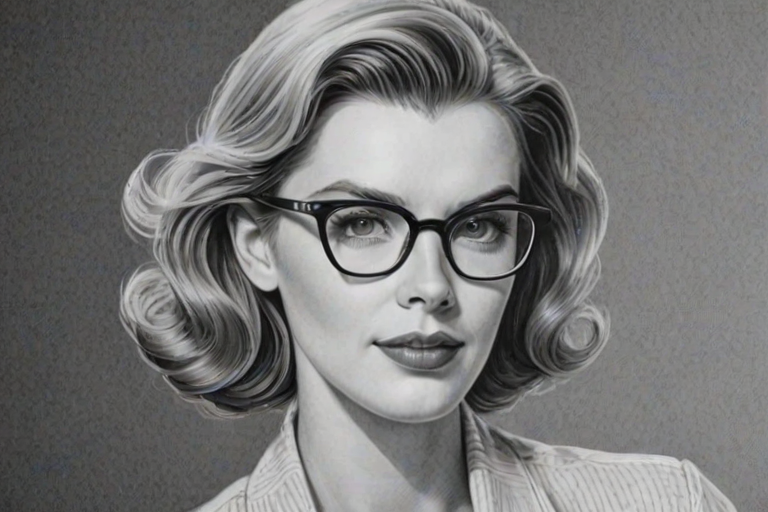 Dazzling Betty Gilpin, pencil sketch, portrait of Sublime woman 1961s in glasses, hair style beatnik, outline, clear lines, fine lines, 8k