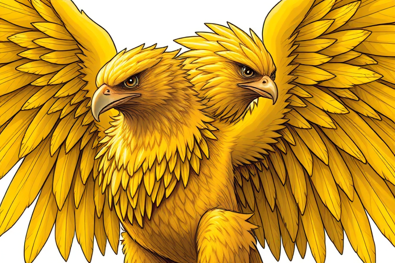 Create a highly detailed illustration of a yellow griffin with intricate feathers and defined musculature, viewed from a dynamic angle, using a DSLR camera with a 50mm lens, aperture set to f/2.8, ISO 100, and natural lighting for enhanced clarity and shadow depth.