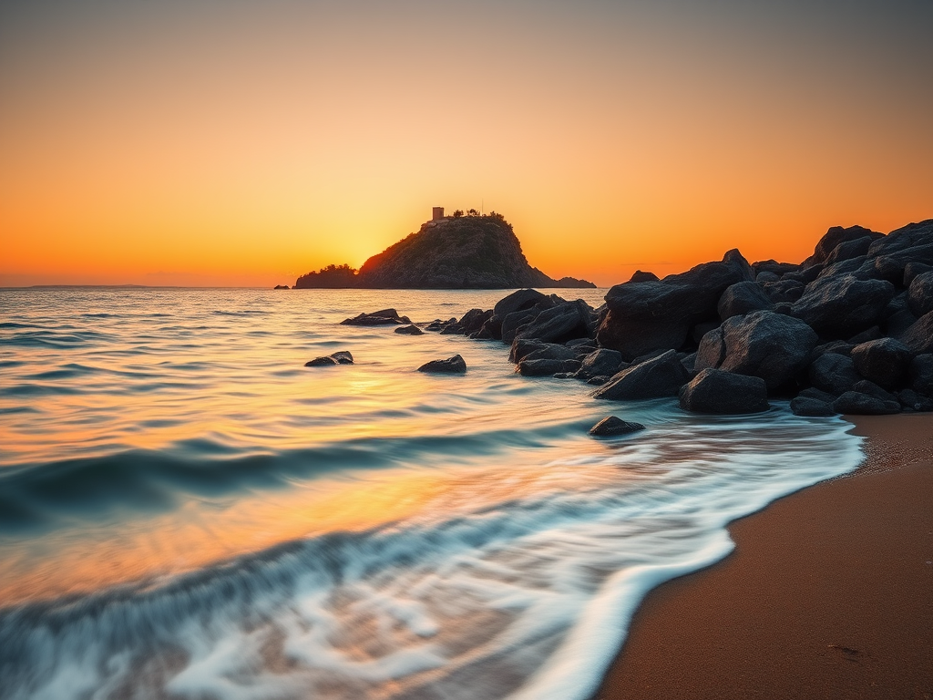 capture a serene coastal landscape featuring a rocky island at sunset with soft waves gently lapping at the shore, use a wide-angle lens, aperture f/11, ISO 100, shutter speed 1/30s, DSLR camera, long exposure technique, golden hour lighting