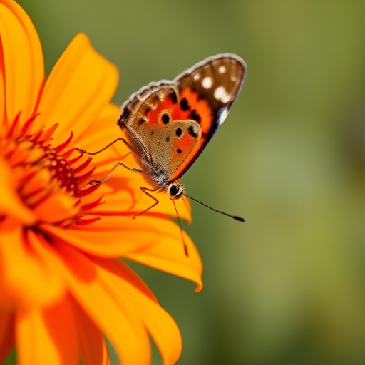 Close-up of a butterfly perched on an orange flower with a blurred background, f-stop 2.8, shutter speed 1/200, ISO 100, taken with a macro lens on a DSLR camera, natural light, shallow depth of field, vibrant colors.