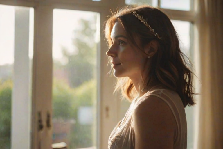 Soft-focus image of a woman in her 30s, standing by a window in a beautifully decorated living room, gazing outside, sunlight creating a halo effect around her hair.