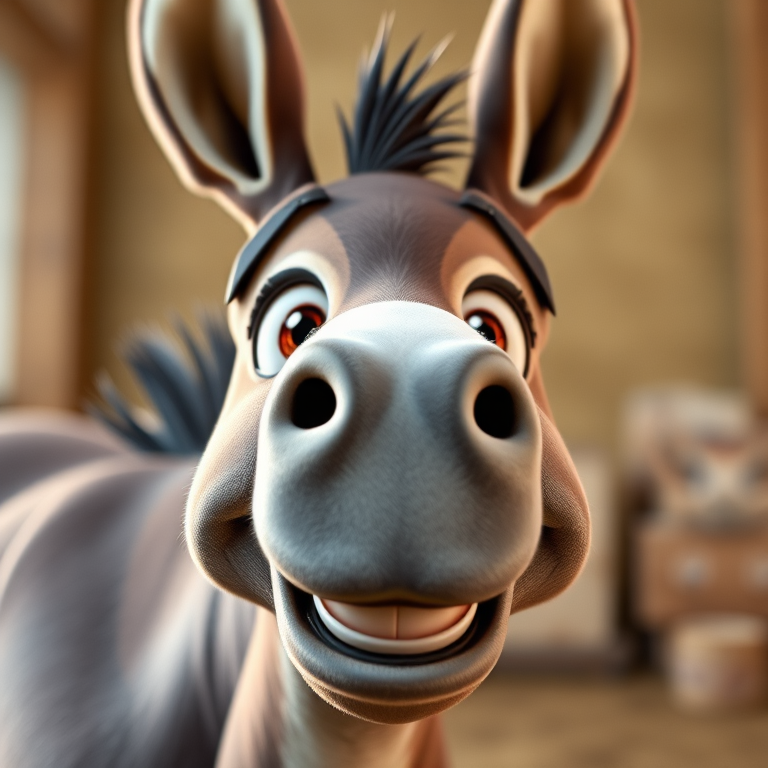 Create a high-resolution cartoon image of a friendly donkey with a cheerful expression, using a 50mm lens, f/2.8 aperture, 1/200 sec shutter speed, and soft lighting for enhanced features, shot from a low angle with a slight tilt to highlight details.