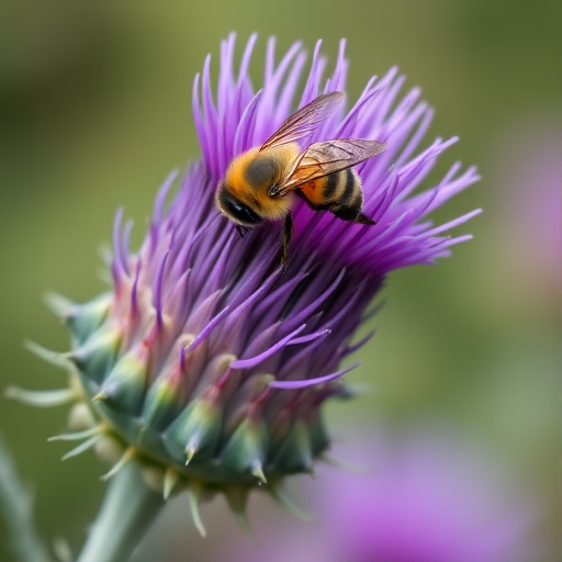 Capture a close-up image of a purple thistle flower with a bee on it, using a DSLR camera, aperture f/2.8, shutter speed 1/200s, ISO 100, macro lens, natural lighting, soft-focus background for enhanced depth.