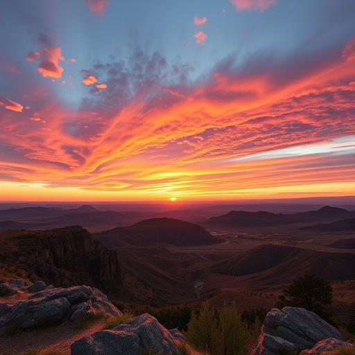 Create a high-resolution image of a stunning landscape during sunset with vibrant colors in the sky, using a Canon EOS R5, with a 24-70mm lens, aperture set to f/8, ISO 100, and a shutter speed of 1/125s, taken from a wide-angle view to capture the expansive scenery in vivid detail.