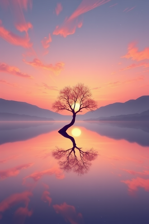 Create a serene landscape illustration featuring a lone tree reflected in calm waters at sunset, with pastel shades of pink and orange in the sky, using a high-resolution digital art technique. Camera settings: f/8, ISO 100, shutter speed 1/200s. Camera view: wide-angle. Camera style: vibrant colors with smooth gradients. Camera type: digital drawing tablet.