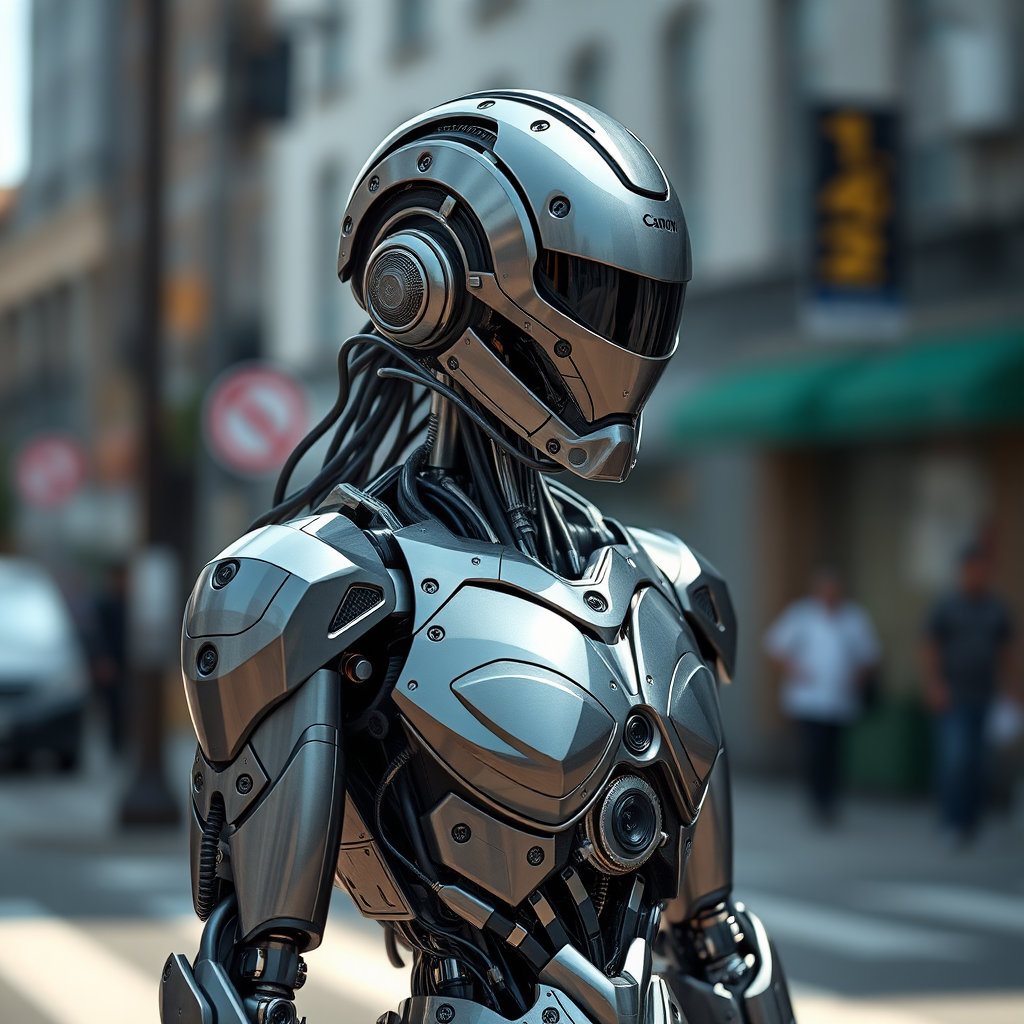 Create a highly detailed humanoid robot with intricate mechanical parts and a sleek metallic finish standing in an urban street setting, captured with a Canon EOS R5 at 50mm, f/1.8, ISO 100, in natural light using a shallow depth of field for a blurred background effect.