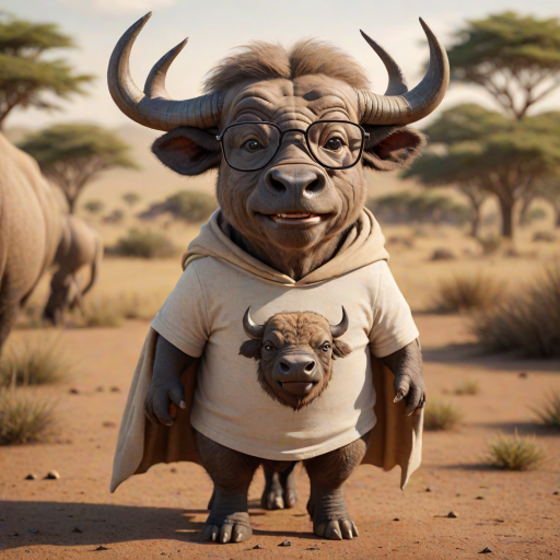 Hyperrealistic 3D render of a smiling cartoon Cape Buffalo wearing glasses and a beige t-shirt with a smaller buffalo image printed on it, missing some teeth, set against a blurred African savanna background, detailed fur, 8k resolution, octane render, artstation trending.