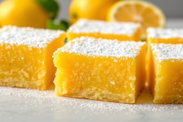 A close-up of yellow lemon squares dusted with powdered sugar on a light surface with fresh lemon slices in the background, showcasing a soft and fluffy texture of the dessert.