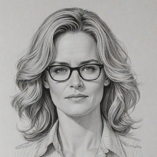 Superb Elisabeth Shue, pencil sketch, portrait of Superb woman 1966s in glasses, hair style beatnik, outline, clear lines, fine lines, 8k