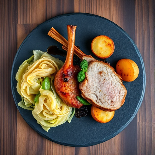 A beautifully plated pork dish on a slate board, accompanied by savory cabbage and roasted potatoes, shot with a Canon EOS R5 using a 50mm f/1.8 lens, aperture set to f/2.8, ISO 100, natural light from the left, top-down view for food photography.