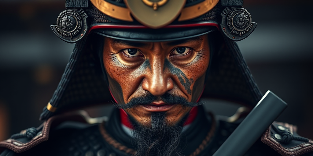 Create a highly detailed portrait of a samurai warrior in traditional armor, using a Canon EOS R5 camera, 85mm lens, f/1.8 aperture, ISO 100, soft diffused lighting, and a dramatic low-angle view to enhance depth and texture.